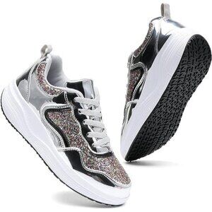 Kkdom Women's Silver Breathable Mesh Comfort Lightweight Wedge Platform Sneakers